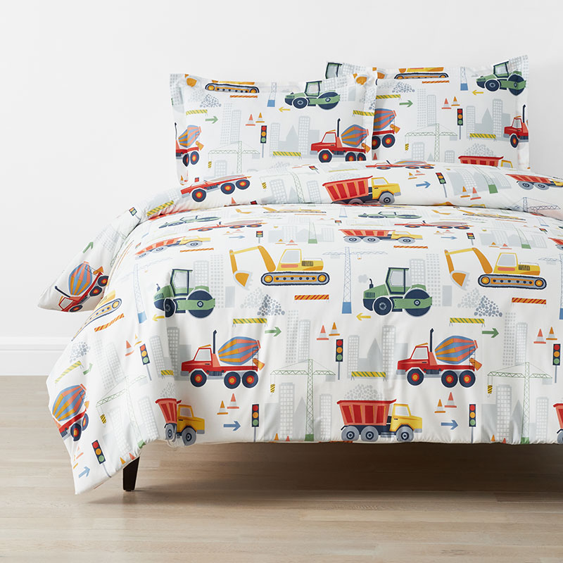 Construction Trucks Classic Cool Organic Cotton Percale Duvet Cover Set - White , Twin/Twin XL