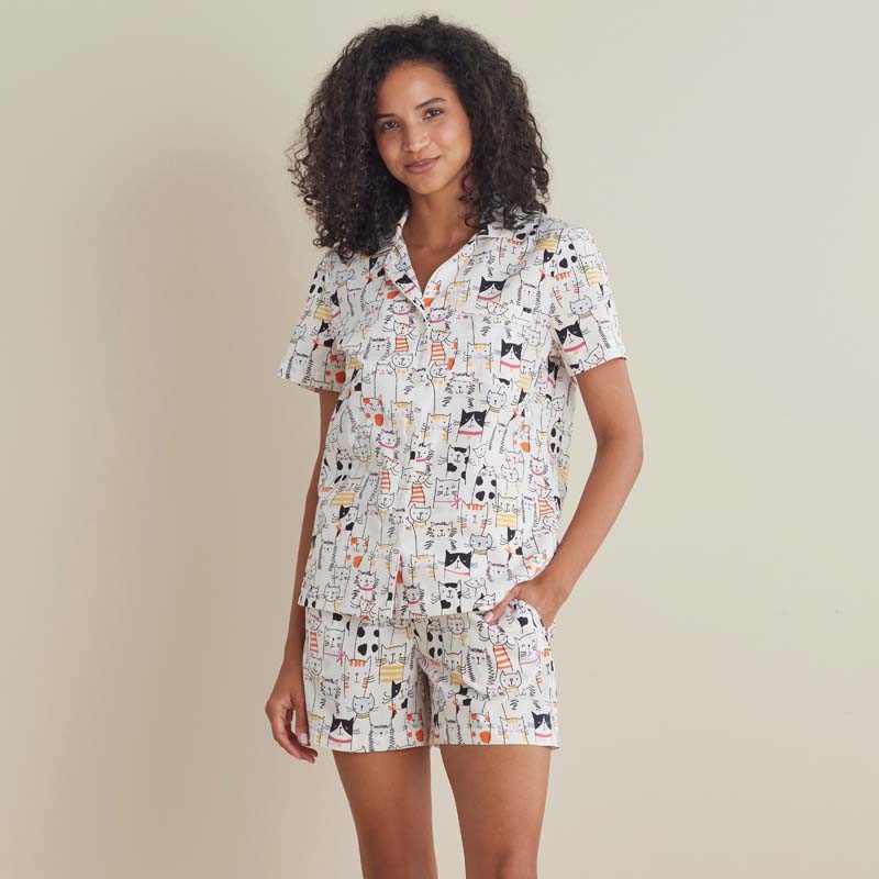 Printed Poplin Women's Shorts Set - Kittie Party, XS