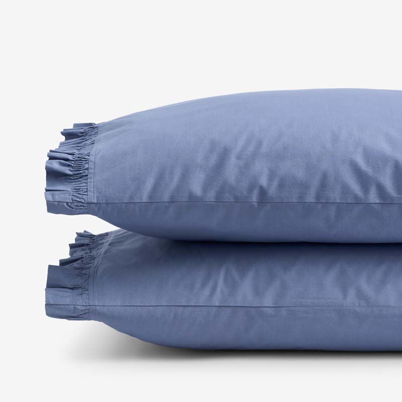 Solid Ruffle Garment Washed Cotton Percale Pillowcase Set - Denim Blue, Standard