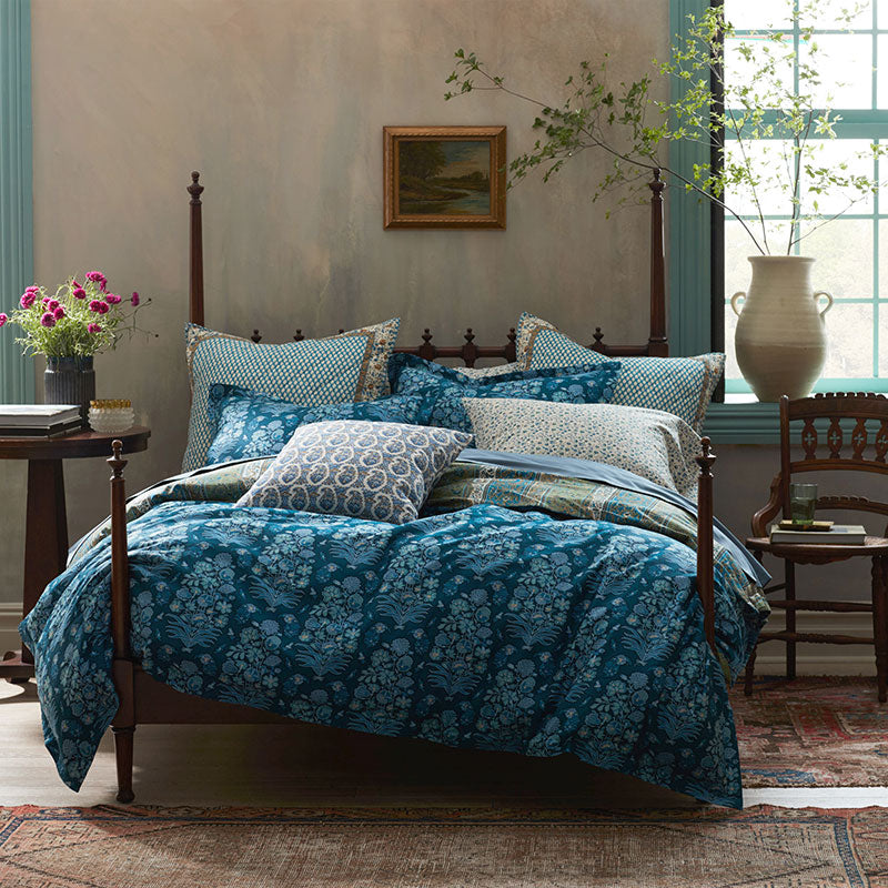 Nawab Floral Premium Smooth Sateen Reversible Sham - Blue Multi, King