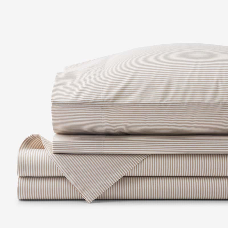 Classic Stripes and Plaids Cool Yarn-Dyed Cotton Percale Bed Sheet Set - Stripe Tan, Queen