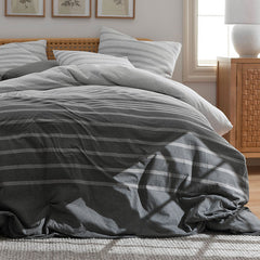 T-Shirt Soft Jersey Knit Stripe Yarn-Dyed Comforter Set - Gray Multi, Full
