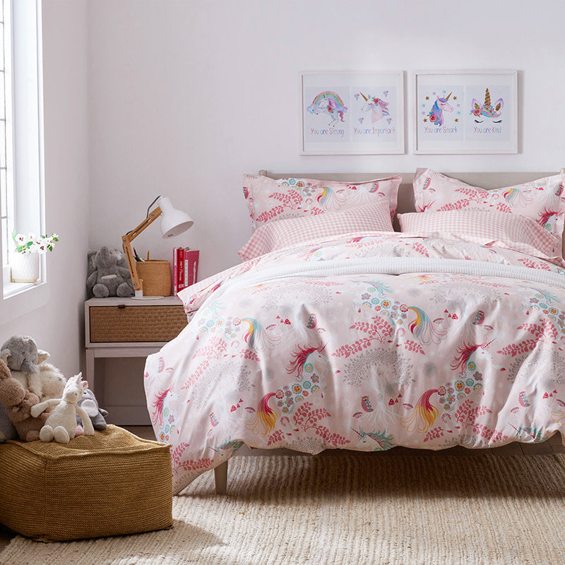 Fancy Unicorns Classic Cool Organic Cotton Percale Duvet Cover Set - Pink Multi, Full