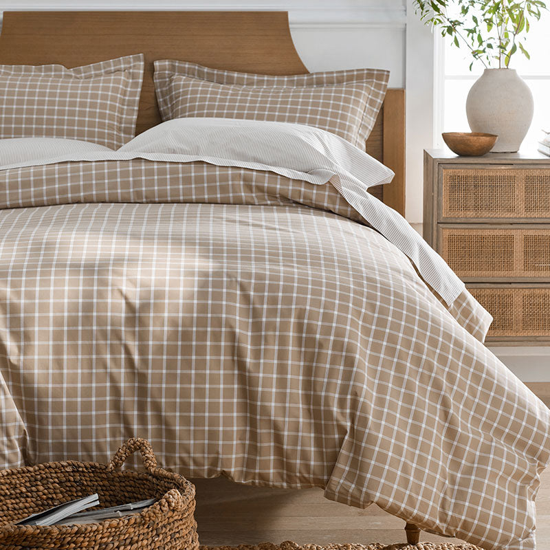 Classic Stripes and Plaids Cool Yarn-Dyed Cotton Percale Fitted Bed Sheet - Windowpane Taupe, Twin XL