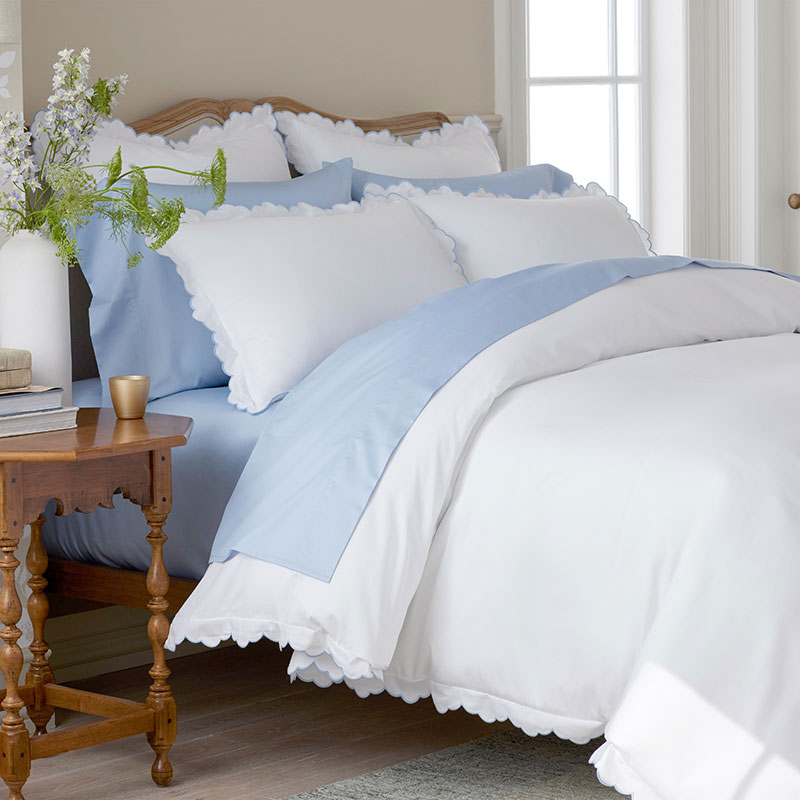 Embroidered Scallop Classic Smooth Sateen Solid Duvet Cover - Light Blue, Twin/Twin XL