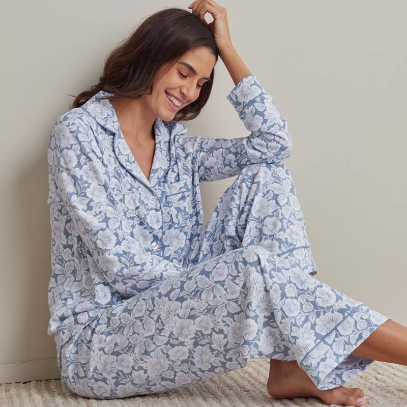 Printed Pima Cotton Women's Button-Down Pajama Set - Blue Garden, XL