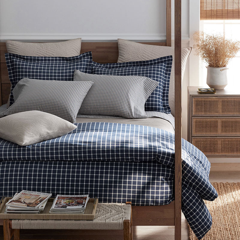 Classic Stripes and Plaids Cool Yarn-Dyed Cotton Percale Duvet Cover - Windowpane White/Navy, Twin