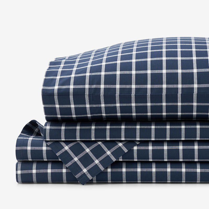 Classic Stripes and Plaids Cool Yarn-Dyed Cotton Percale Bed Sheet Set - Windowpane White/Navy, King
