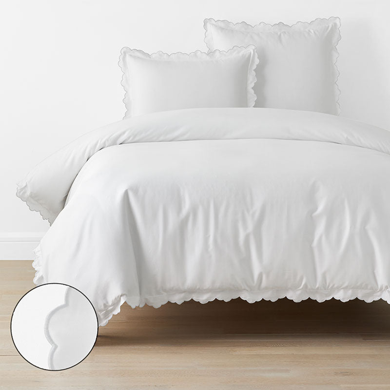 Embroidered Scallop Classic Smooth Sateen Solid Duvet Cover - Light Gray, King/Cal King