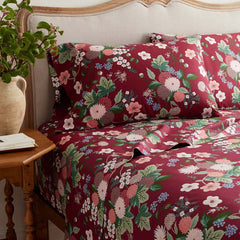 Dahlia Classic Cool Cotton Percale Bed Sheet Set - Dark Red, King