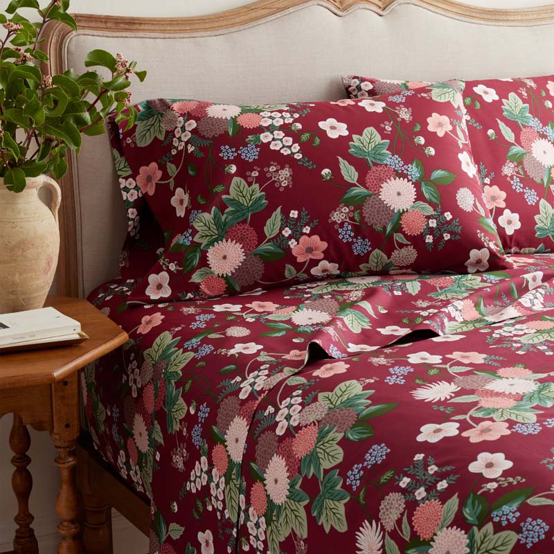 Dahlia Classic Cool Cotton Percale Bed Sheet Set - Dark Red, Twin