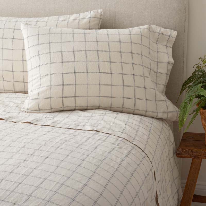 Tailored Stripes and Plaids Premium Breathable Washed Linen Cotton Pillowcase Set - Windowpane Deep Navy, Standard