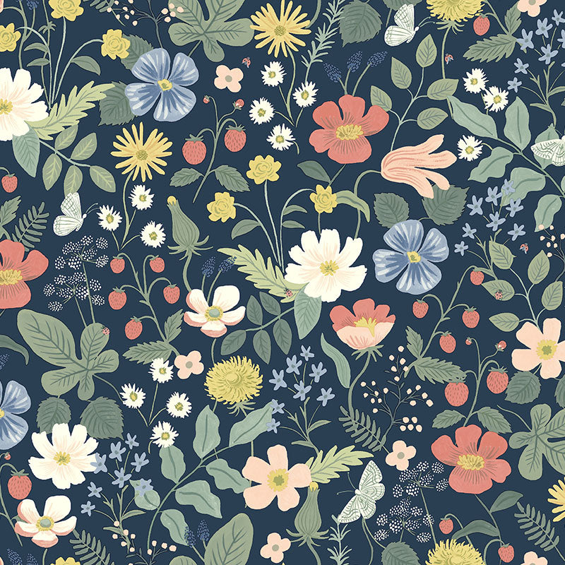 Strawberry Fields Traditional Wallpaper - Blue, Roll