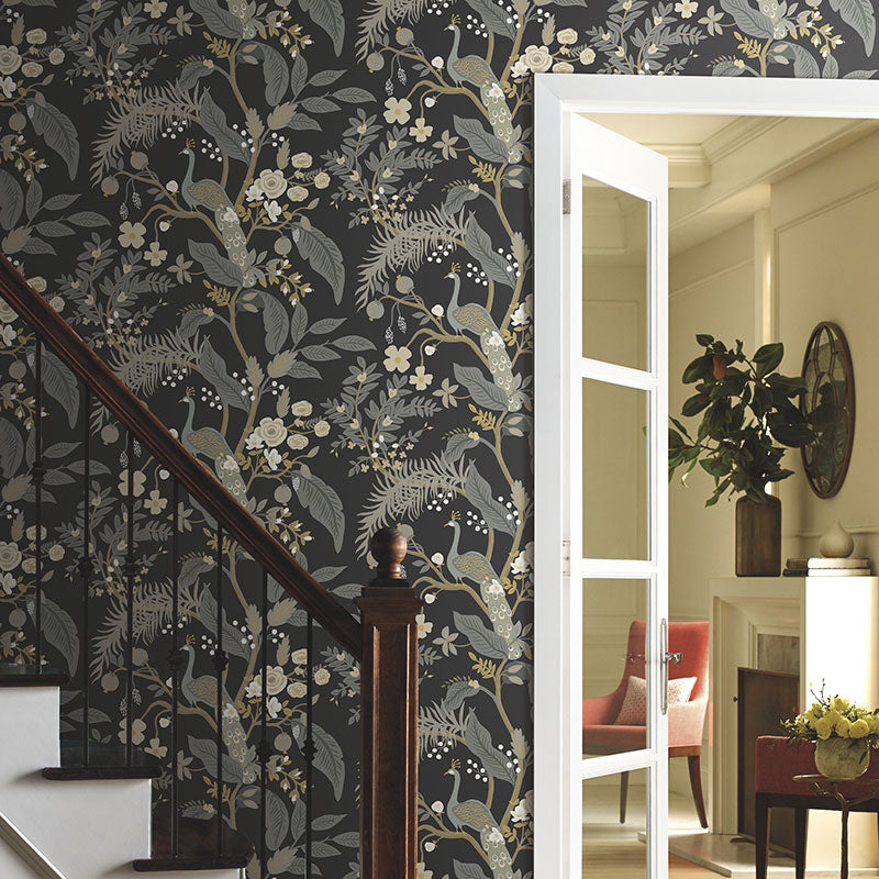 Peacock Traditional Wallpaper - Black, Roll
