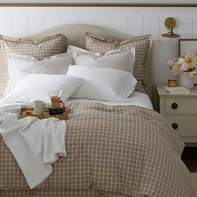 Classic Stripes and Plaids Cool Yarn-Dyed Cotton Percale Flat Bed Sheet - Windowpane Taupe, Full