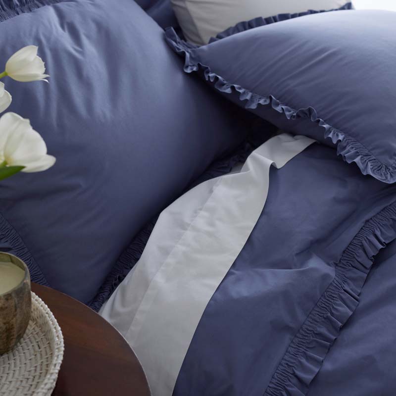 Solid Ruffle Garment Washed Cotton Percale Duvet Cover - Denim Blue, Full/Queen