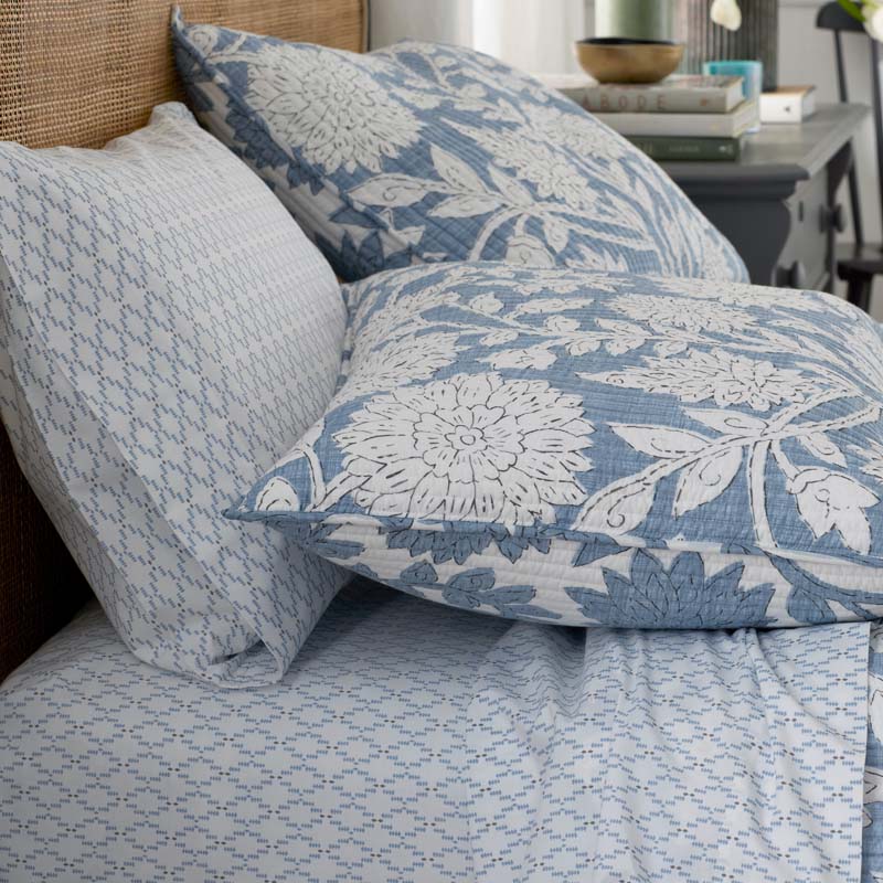 Feliciana Geo Garment Washed Cotton Percale Flat Bed Sheet - Blue Multi, Twin/Twin XL