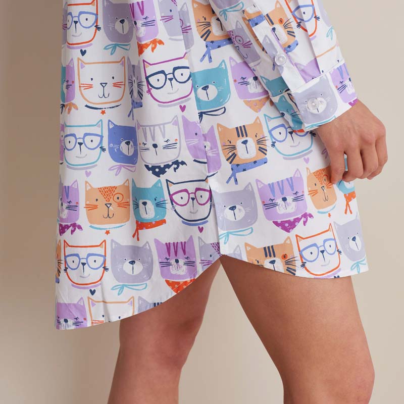 Printed Poplin Women's Nightshirt - Stylish Cats, M