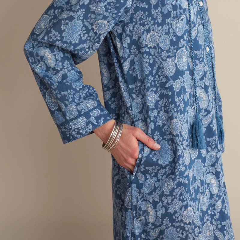 Printed Voile Women's Caftan - Indigo Floral, M