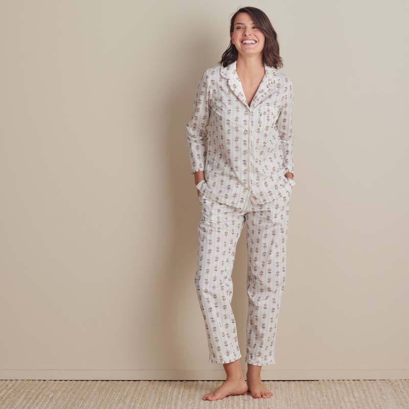 Printed Poplin Women's Long Sleeve Button-Down Pajama Set - Cottage Stripe, M