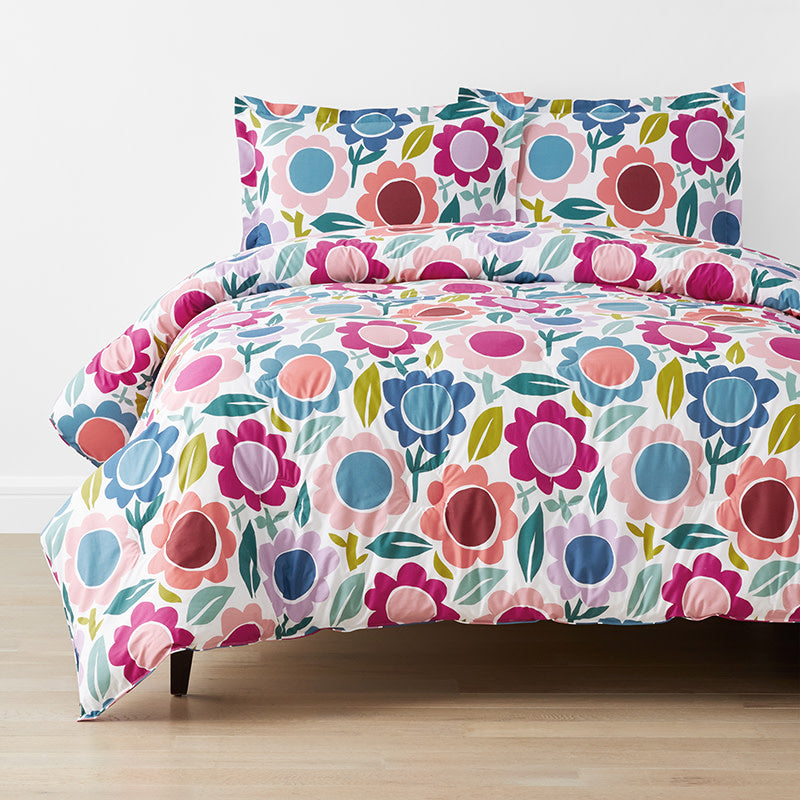 Joyful Flower Classic Cool Organic Cotton Percale Comforter Set - White, Twin/Twin XL