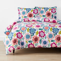 Joyful Flower Classic Cool Organic Cotton Percale Comforter Set - White, Twin/Twin XL
