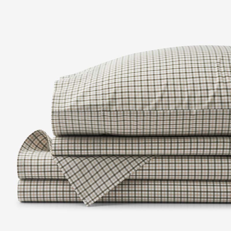 Classic Stripes and Plaids Cool Yarn-Dyed Cotton Percale Bed Sheet Set - Mini Check Green, Queen