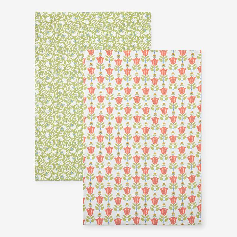 Mix & Match Printed Cotton Tea Towels, Set of 2 - Coral Red