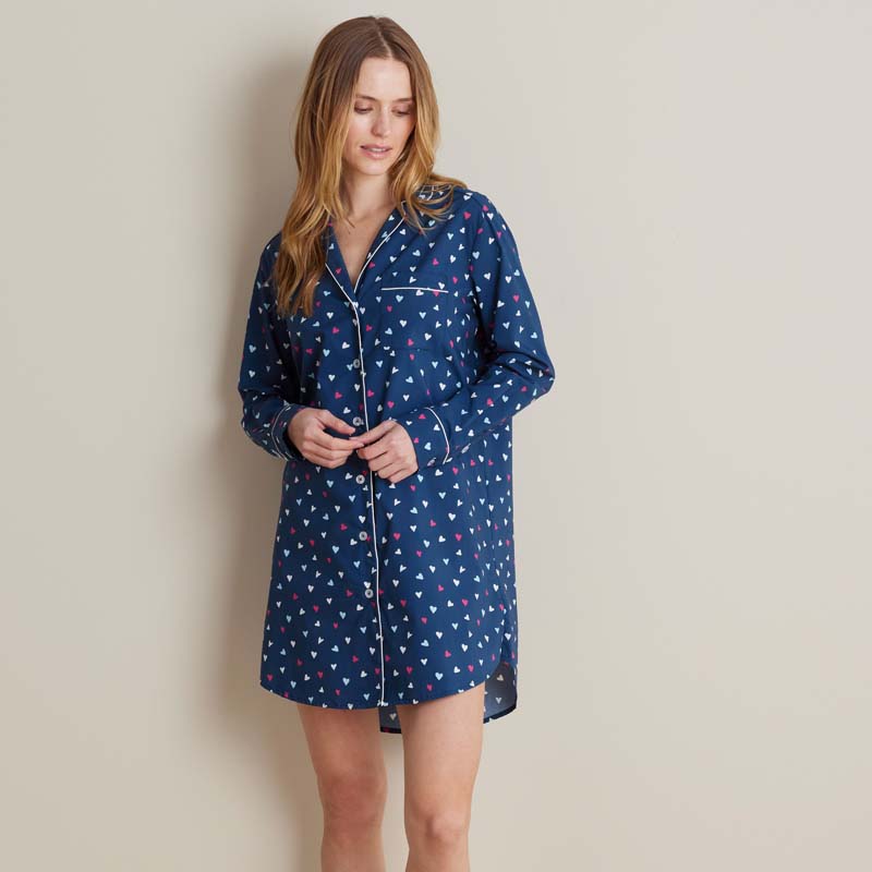 Printed Poplin Women's Nightshirt - Navy Hearts, XXL