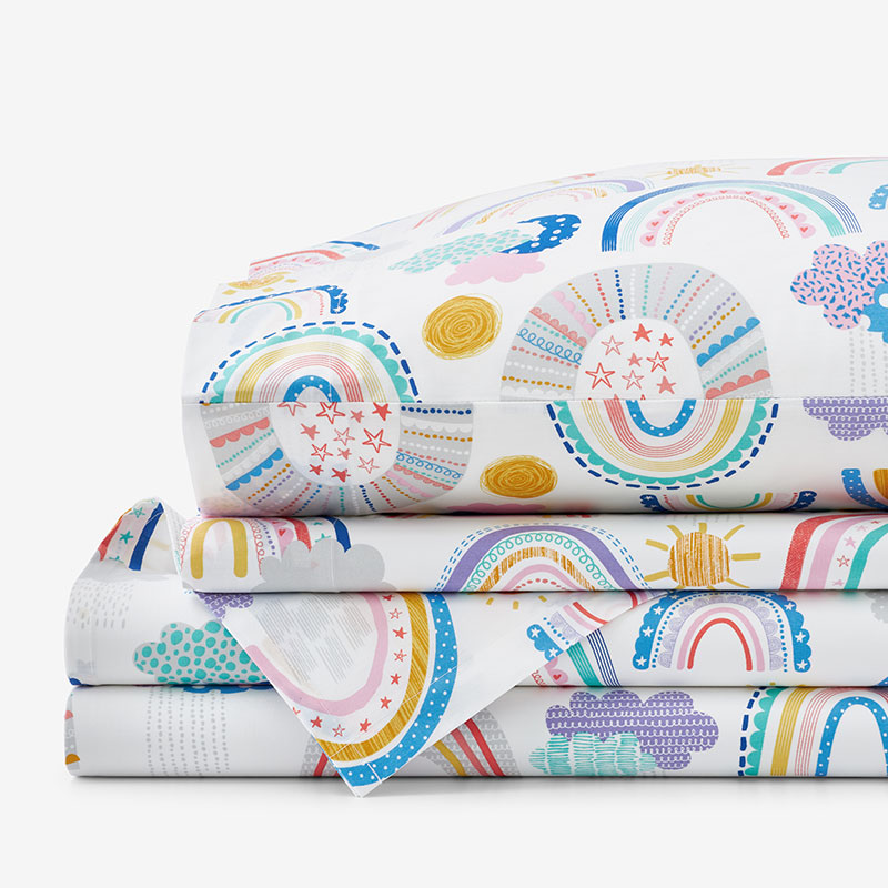 Magical Rainbows Classic Cool Organic Cotton Percale Bed Sheet Set - White Multi, Full