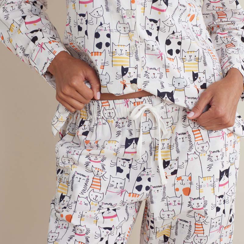 Printed Poplin Women's Button-Down Pajama Set - Kittie Party, L