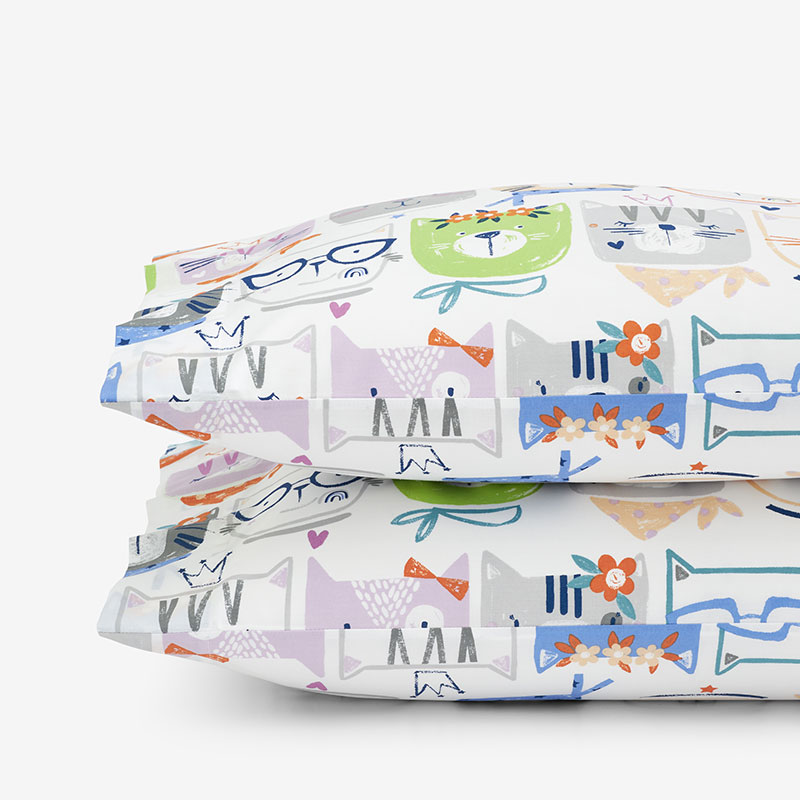 Stylish Cats Classic Cool Organic Cotton Percale Pillowcase Set - White Multi, Standard