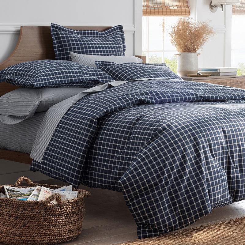 Classic Stripes and Plaids Cool Yarn-Dyed Cotton Percale Fitted Bed Sheet - Windowpane White/Navy, Twin