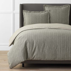 Tailored Stripes Premium Breathable Washed Linen Cotton Reversible Duvet Cover - Wide Stripe Dark Olive, King/Cal. King