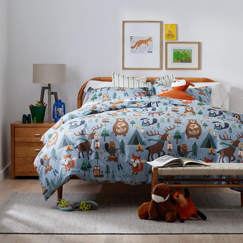 Animal Campers Classic Cool Organic Cotton Percale Duvet Cover Set - Blue Multi, Full