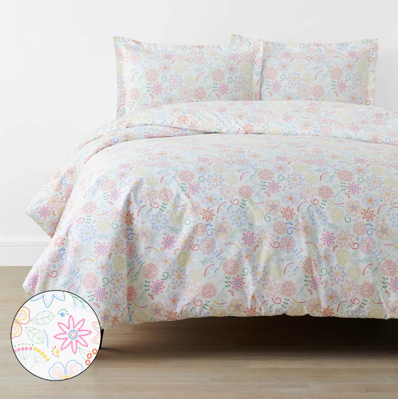Floral Dream Classic Cool Organic Cotton Percale Duvet Cover Set - White Multi, Full/Queen