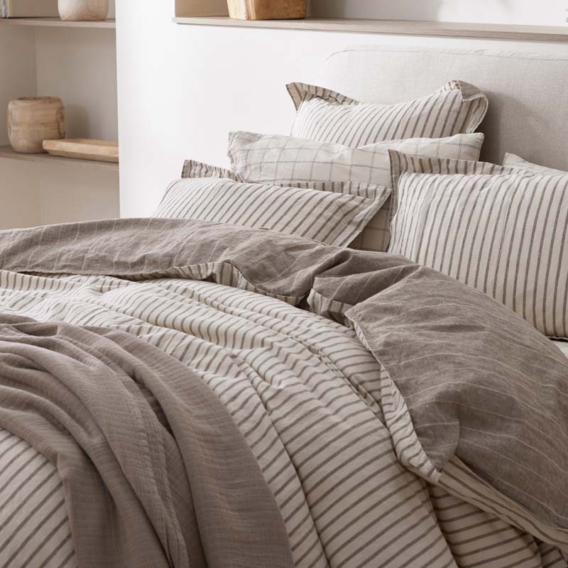 Tailored Stripes Premium Breathable Washed Linen Cotton Reversible Sham - Wide Stripe Dark Brown, Euro