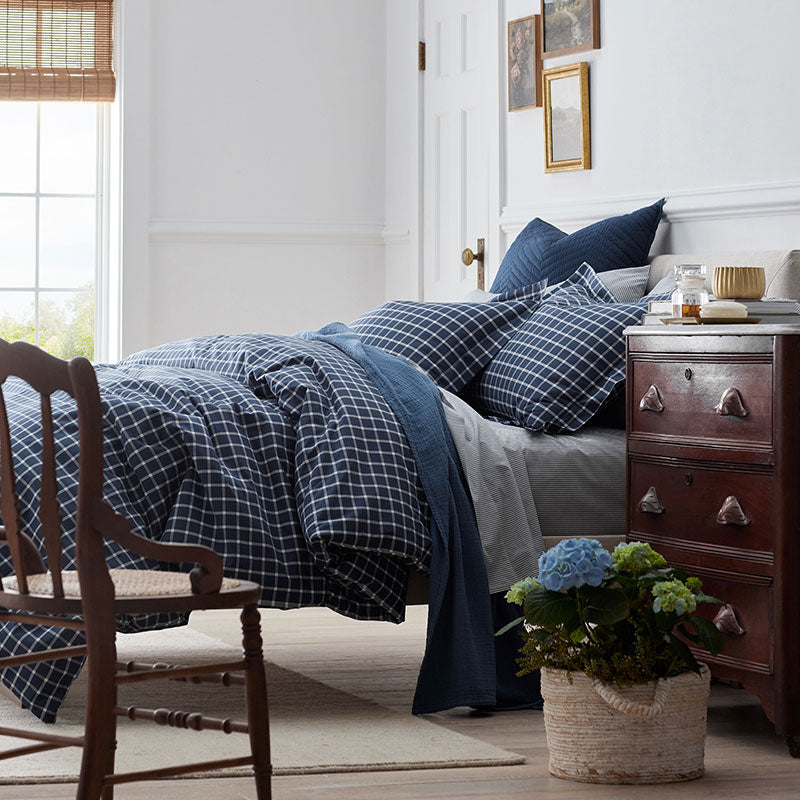 Classic Stripes and Plaids Cool Yarn-Dyed Cotton Percale Bed Sheet Set - Windowpane White/Navy, Twin