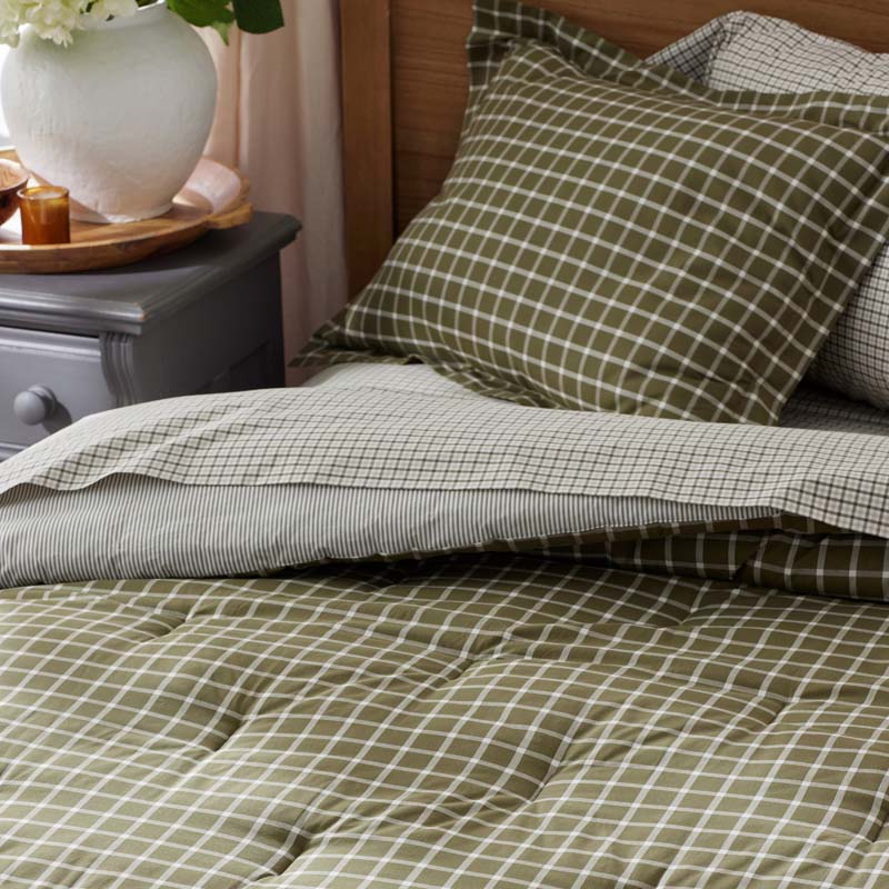 Classic Stripes and Plaids Cool Yarn-Dyed Cotton Percale Reversible Comforter - Windowpane Green, Twin/Twin XL