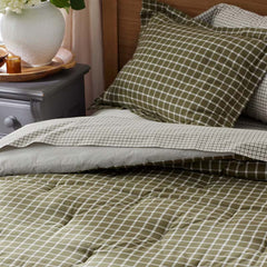 Classic Stripes and Plaids Cool Yarn-Dyed Cotton Percale Reversible Comforter - Windowpane Green, Twin/Twin XL