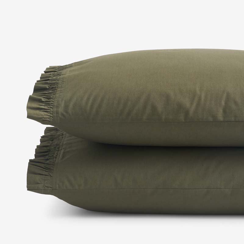 Solid Ruffle Garment Washed Cotton Percale Pillowcase Set - Olive, King