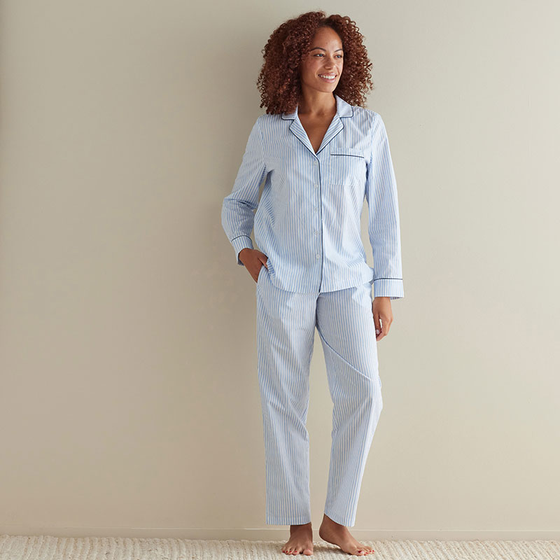 Printed Poplin Women's Button-Down Pajama Set - Blue Stripe, XS