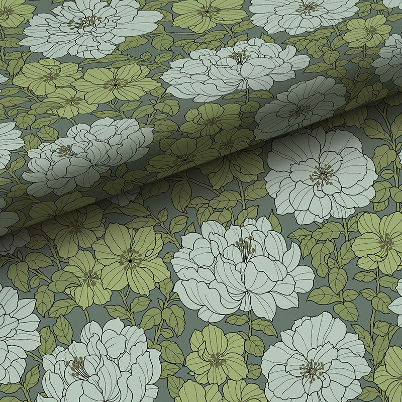 Large Blooms Traditional Wallpaper - Green, Swatch