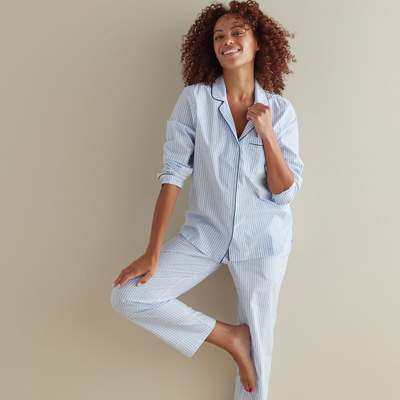 Printed Poplin Women's Button-Down Pajama Set - Blue Stripe, XL