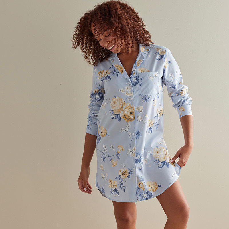 Printed Poplin Women's Nightshirt - Blue Floral, XL