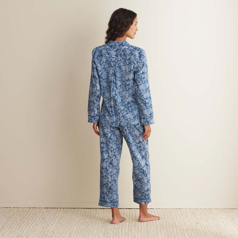 Printed Voile Women's Cropped Pajama Set - Indigo Floral, XL