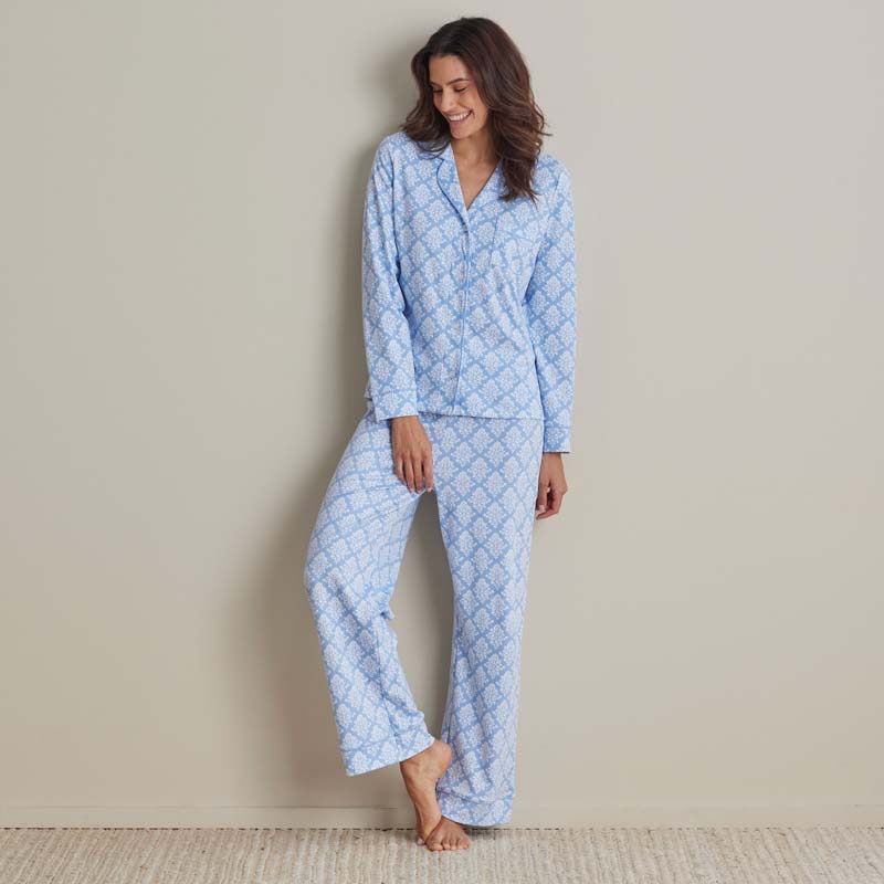 Printed Pima Cotton Women's Button-Down Pajama Set - Lisbon Blue, S