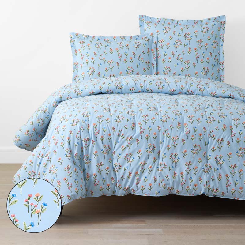 Blossoms and Stripes Classic Cool Cotton Percale Comforter - Garden Poppies, Full/Queen