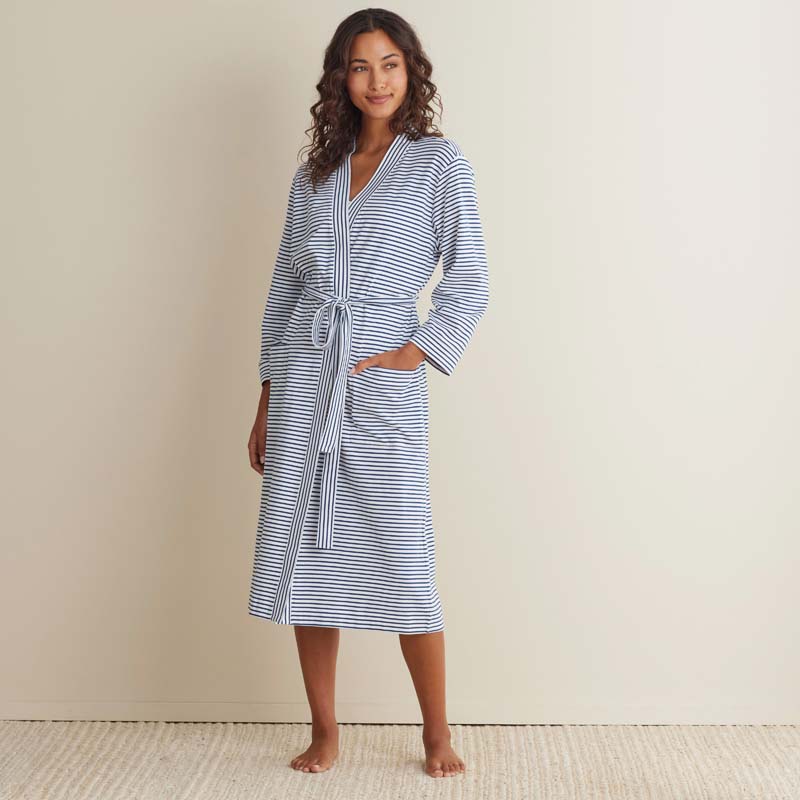 Yarn-Dyed Stripe Pima Cotton Women's Kimono Robe - Navy/White, S