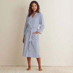 Yarn-Dyed Stripe Pima Cotton Women's Kimono Robe - Navy/White, S